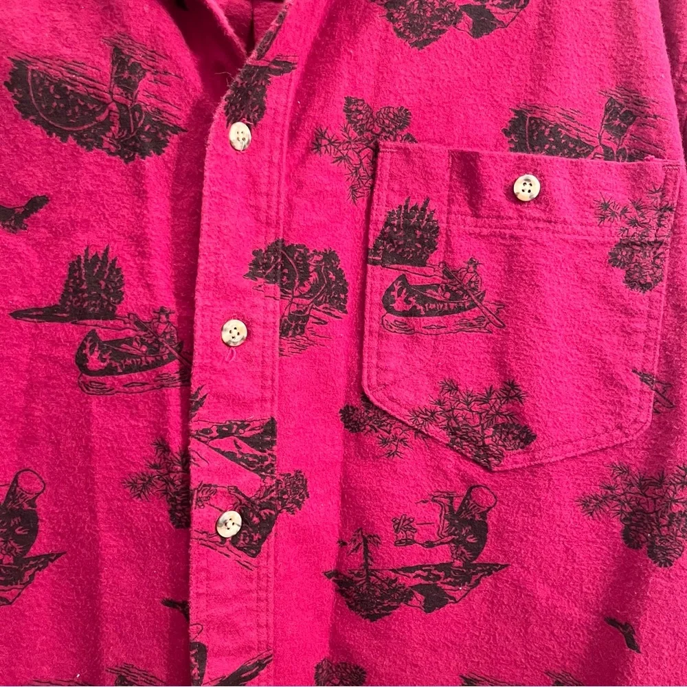 Eddie Bauer Vintage Red and Black 100% Cotton Outdoor Canoe Print Shirt size XL